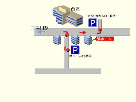 お車でお越しの際は弊社向いの西友駐車場をご利用頂けます。お帰りの際にパーキングチケットをお渡し致します。