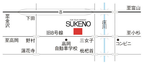 県道44号（旧8号）線沿い。富山方面からは高岡大橋渡り右側。高岡駅方面からは高岡大橋手前左側。建物は黒とショーウィンドーが目印です。