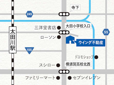 太田川駅徒歩約8分にございます！駐車場複数台ご用意ございますので、お車でもご来店いただけます♪三洋堂書店太田川店さんのはす向かい、真っ白い北欧風な戸建てが事務所です♪