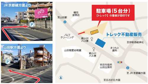 お客様駐車場は新小川バス停の10m ほど山田駅側に入口があります。入口が少し狭くてわかりにくいのでお気をつけください。