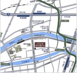 ＪＲ福島駅、阪神福島駅、京阪中之島駅から、なにわ筋を南にお越しください。東側に位置する11階建てのビルです。