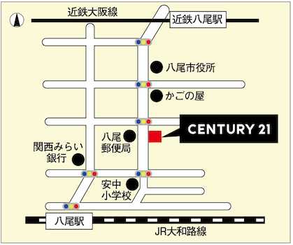 JR八尾駅より北口改札を出て、北西に700ｍ。八尾郵便局の向かいにございます。