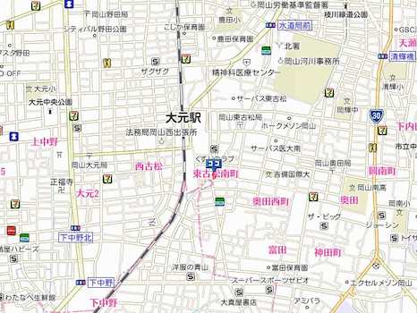 ＪＲ大元駅より南東方向お車で3分。徒歩7分の所にございます。