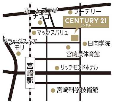 宮崎駅東口から歩いて約6分。日向学院中学校・高等学校の西側真向かいになります。