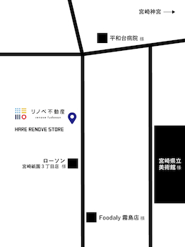 県道26号線沿いのテレビ宮崎さんから北に約670ｍ進むと店舗があります。