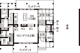 ｰ松本建設 コンセプトハウスⅠｰ国産無垢材＋漆喰の２階建て。深呼吸したくなる「エアサイクル工法」の家の間取り図(1階)