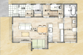 長岡市長倉南町モデルハウス「4人ご家族のリアルな暮らしをイメージできる等身大のモデルハウス」の間取り図(1階)