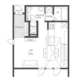 TRETTIO VALO Pieni モデルハウス 「ミニマル×機能性」コンパクトながらも暮らしやすさにこだわった家の間取り図(1階)