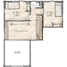 【新潟市西区小針西】オフィスHanakoまちかど半平屋モデルハウスの間取り図(2階)