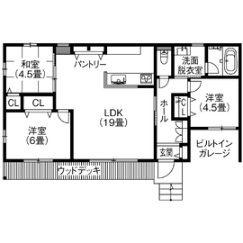 【平屋モデルハウス｜稲沢市｜AVANTIA】延床23坪・土地を有効活用した「ビルトインガレージ付き平屋」の間取り図(1階)