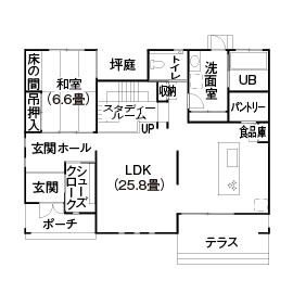 『家族だんらんの家』昭和建設　小倉南展示場の間取り図(1階（第2）)