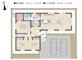 【平屋×カーライフ】イワクラホームリーヴス大和モデルハウス：家事ラク動線で暮らしやすい平屋のお家の間取り図(1階)