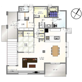 【空気がきれいな家】25.8畳のリビングにワークスペース。ウッドデッキ、回遊動線〈志免モデルハウス〉の間取り図(1階)