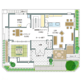 【旭化成ホームズ（ヘーベルハウス）　新座・朝霞展示場】@所沢ICより車で10分　開放感あふれる3階建ての家の間取り図(1階)