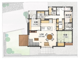 【樹モデルハウス】家族との時間もプライベートも心地よく過ごせる寛ぎの場所がいっぱいの間取り図(1階)