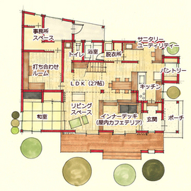 【昭栄建設　原山体感モデルハウス＠浦和】無垢材のぬくもりを体感できる平屋風モデル。空気の違いを実感の間取り図(1階)