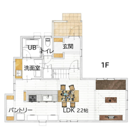 インターデコハウス新潟 新潟市東区石山モデルハウス「素材感あるブルックリンスタイルの家」の間取り図(1階)