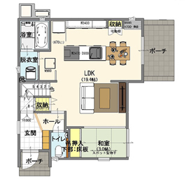 【タナカホームズ　高屋東モデルハウス】リアルな暮らしをイメージ！ナチュラルスタイルの等身大の住まいの間取り図(1階)