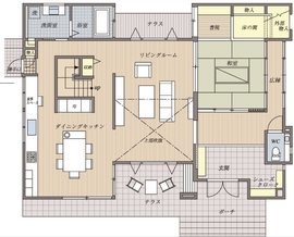 【新座・朝霞モデルハウス】建築士の工夫が満載。家族と光と風が築る家の間取り図(1階)