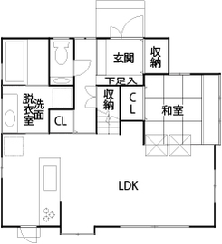 【ハウスアップ伏見区深草】クロスやタイルのあしらい、細部まで参考になるおしゃれなカフェ風モデルハウスの間取り図(1階)