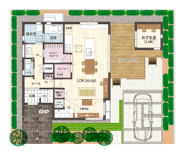 ヤマト住建／船橋藤原住宅展示場（くつろげる空間が散らばる、心休まる住まい）の間取り図(1階)