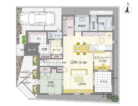 ヤマト住建　住まいのギャラリー橿原店（陽だまりのリビングで暮らす年中快適な住まい）の間取り図(1階)