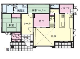 【伊勢崎市】東町モデルハウス／スキップフロア／棟梁が造った造作家具/便利な家事導線や先進設備仕様の間取り図(1階)