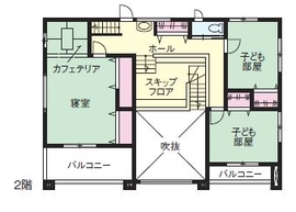 【伊勢崎市】東町モデルハウス／スキップフロア／棟梁が造った造作家具/便利な家事導線や先進設備仕様の間取り図(2階)