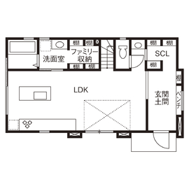【カメヤグローバル／岸和田市】スーパーウォール工法のモデルハウスの間取り図(1階)