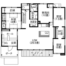 【渡邊工務店】 「天然木の家・快適エコライフ」平屋プラス一宮展示場｜全世代にやさしいクリーンな住空間の間取り図(1階)