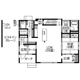 【渡邊工務店】 ワタナベビレッジ展示場「天然木の家-繋ぐ-」｜伝統技術と先進性能が融合。百年住み継ぐ家の間取り図(1階)