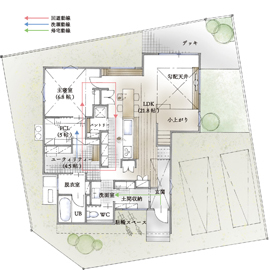 華建築　モデルハウス　凛華-りんか-　【3つの“わ”から生まれる ずっと住み続ける家】の間取り図(1階)