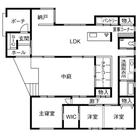 【土岐市｜ラ・プロシエンホームby新和建設｜土岐展示場】「コの字型平屋」と「２階建て＋平屋」の２棟公開の間取り図(1階)