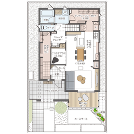 【君津市】これからの暮らしを見据えたイマドキ家族の家－君津展示場－の間取り図(1階)