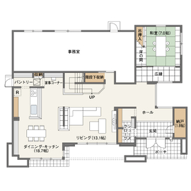 【つくば市】「太陽光発電システム」を搭載、上下階4連のサッシから光と風を届ける住まい―つくば展示場の間取り図(1階)