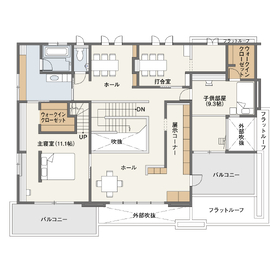 【つくば市】「太陽光発電システム」を搭載、上下階4連のサッシから光と風を届ける住まい―つくば展示場の間取り図(2階)
