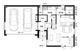 敷地49.24坪・延床45.19坪｜ジョイフルホーム北郷4-7モデル-GX志向型住宅【ガレージ×スマートハウス】の間取り図(1階)