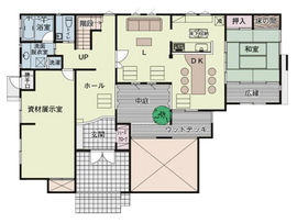 【古河林業の家 藤沢展示場】自然素材と木の香りいっぱい コートハウス型 ＠湘南モールフィル隣接 駐車場有の間取り図(1階)