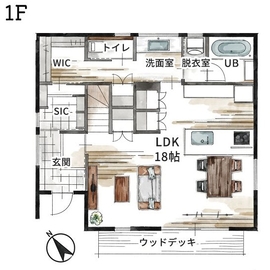 【南川瀬2-2号地モデルハウス】木の温もりと海風カラーを愉しむセレニティスタイルのお家の間取り図(１階)