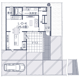 【佐元工務店】木と漆喰の家〈紡〉-Urban-　富沢モデルハウスの間取り図(1階)