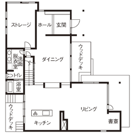 【ロイヤルウッド】岡崎中日展示場CUOLL｜自然と溶け合い生み出す解放感、30年後も美しさが色あせない家の間取り図(1階)