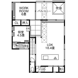 木のすまい工房【はぐみのアトリエ】自然素材｜無垢の木｜緑を望み、光と風、アートと暮らすモデルハウスの間取り図(2階)