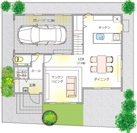 【木暮らし工房サンハウス　五日市中央スタジオ】スキップフロアのある2階建て6階層の家の間取り図(1階)