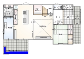 【ご来場予約できます/PC・スマホからバーチャル見学可】屋上庭園・中2階のある札幌・東苗穂モデルハウスの間取り図(１階)