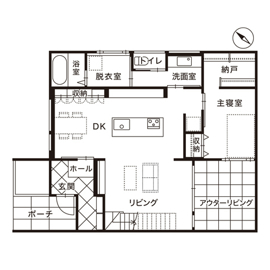 新潟市西区大野町モデルハウス｜アウターリビングのある平屋暮らしの間取り図(1階)