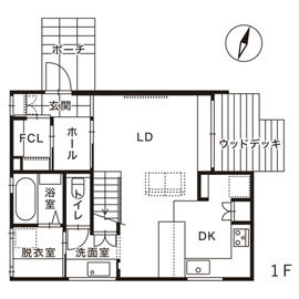 新潟市西区山田モデルハウス｜間接照明が導く奥行きのあるコンパクトハウスの間取り図(１階)