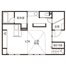 【名古屋市中川区｜オオトリ建設】延床30坪｜名古屋中川モデルハウス＜コンパクトアトリウム＞の間取り図(１階)