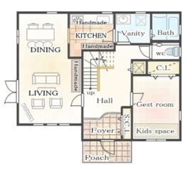 －古川工務店 三ツ木展示場－木の温もりと自然素材の質感を、見て触って確かめられる北欧テイストのモデルの間取り図(1階)