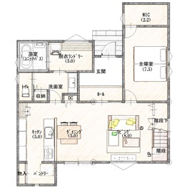 ＼SUUMOで来場予約受付中／【下野市薬師寺/32.06坪】猫と暮らす半平屋の家の間取り図(1階)