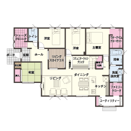 「全館空調付」平屋モデルハウス～開放感あふれるリビングと時短家事の間取り～の間取り図(1階)